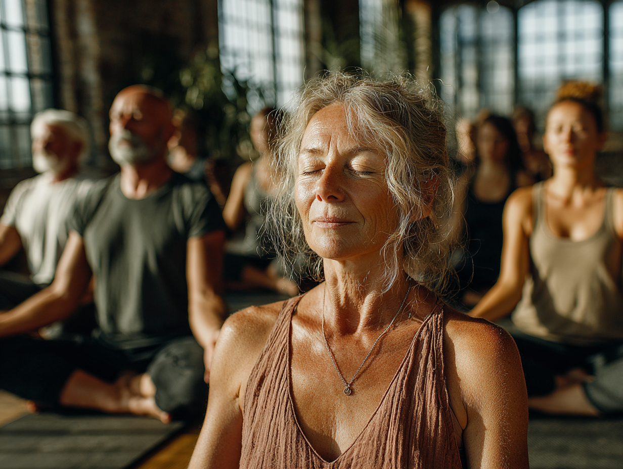 Група людей старшого віку займається йогою в затишній студії