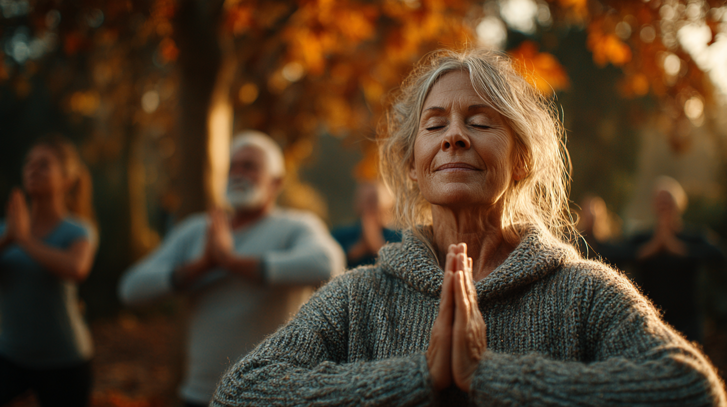 Літня жінка виконує асану йоги на природі під керівництвом інструктора